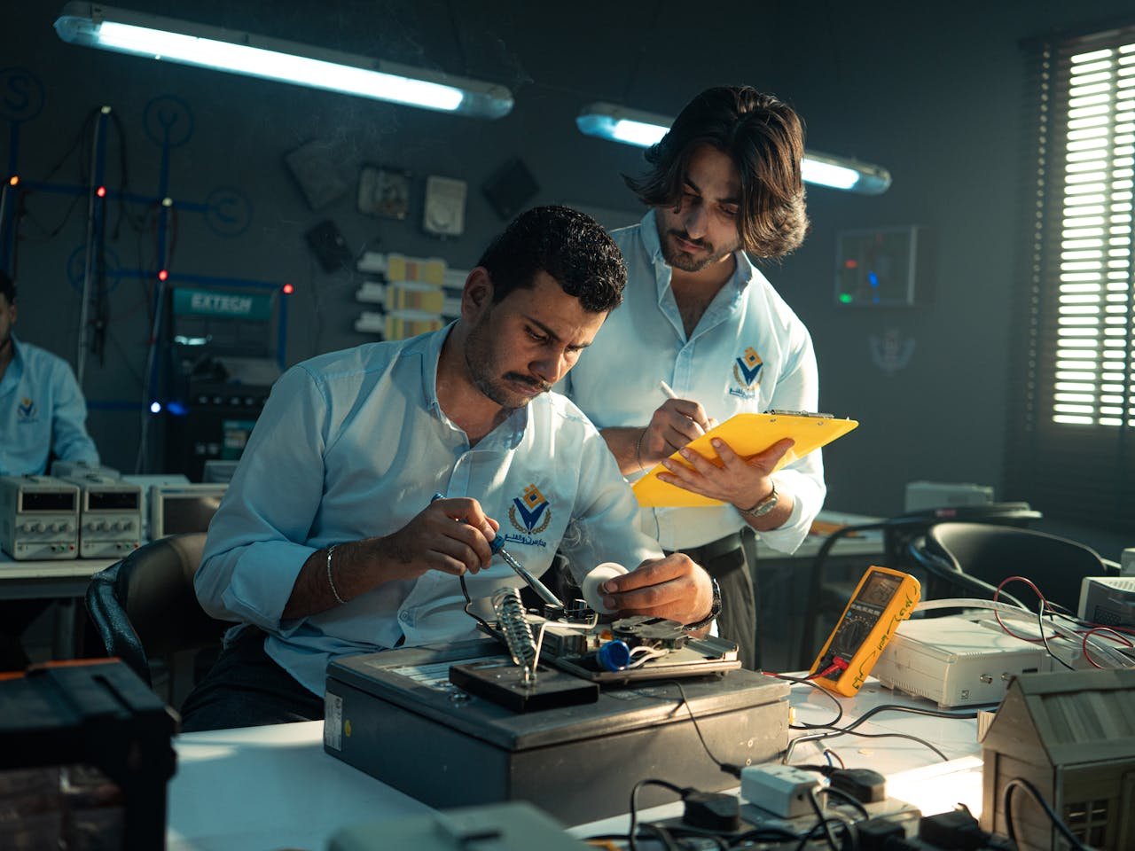 services-03 Focused technicians collaborate in an electronics lab, emphasizing teamwork and innovation.