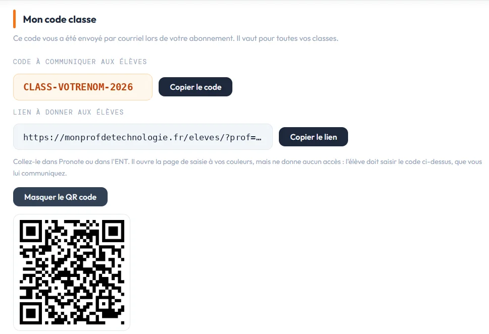 Code classe, lien élèves et QR code sur la page Ma personnalisation